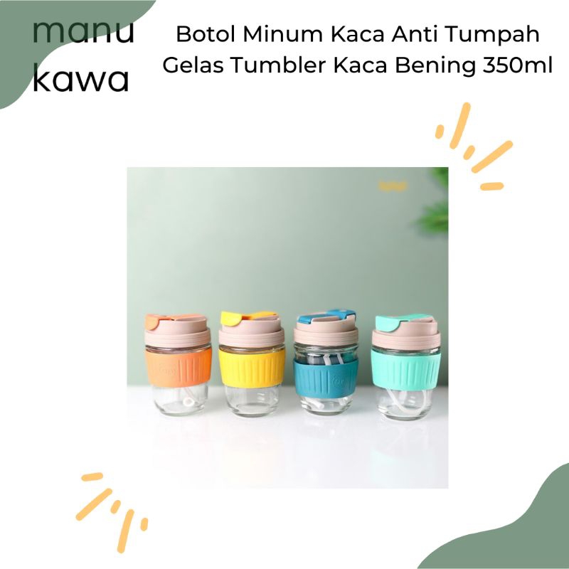 Gelas Tumbler Kaca Bening - Botol Minum Kaca Anti Tumpah 350ml - Gelas Mug Tutup - Botol Minum Anak