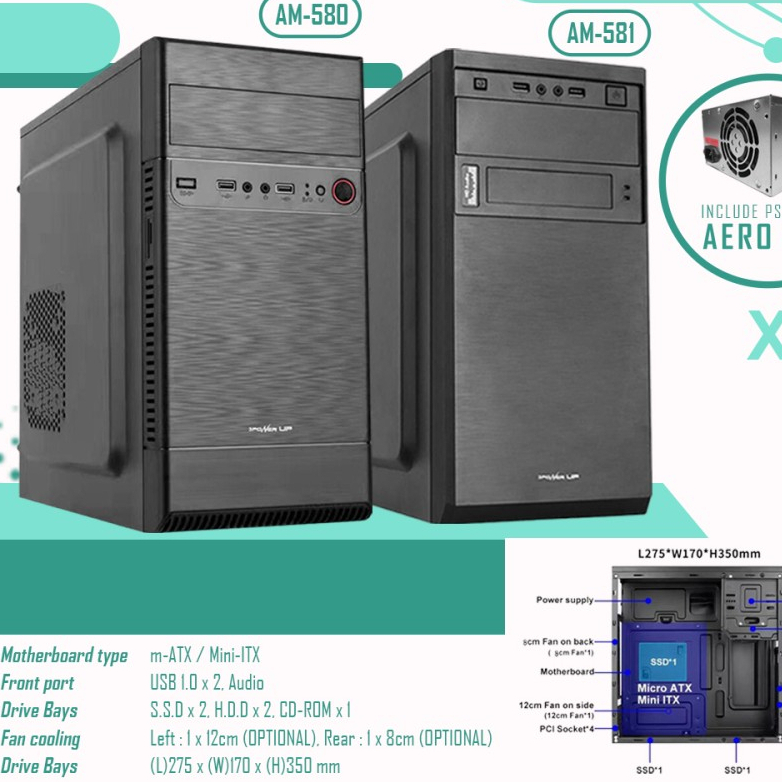 Computer Case 3 POWER UP Micro-ATX AEROMAX AM-580 include PSU 500W