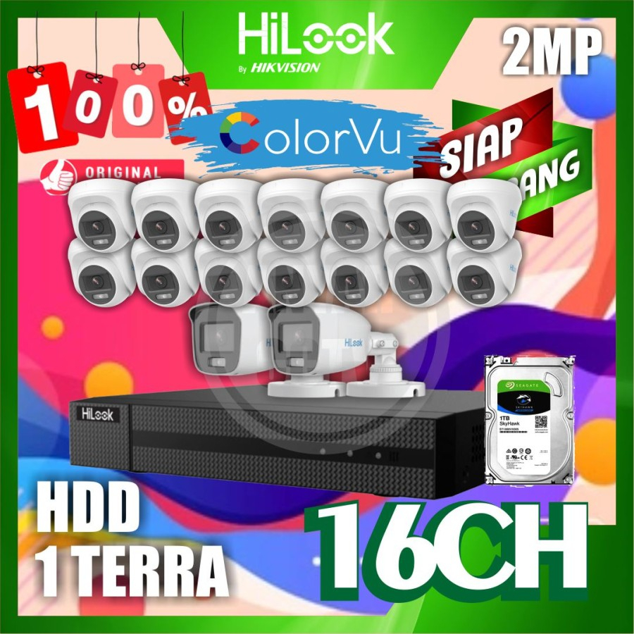 Paket CCTV HiLook 2MP COLORVU 16 KAMERA HDD 1TB SIAP PASANG