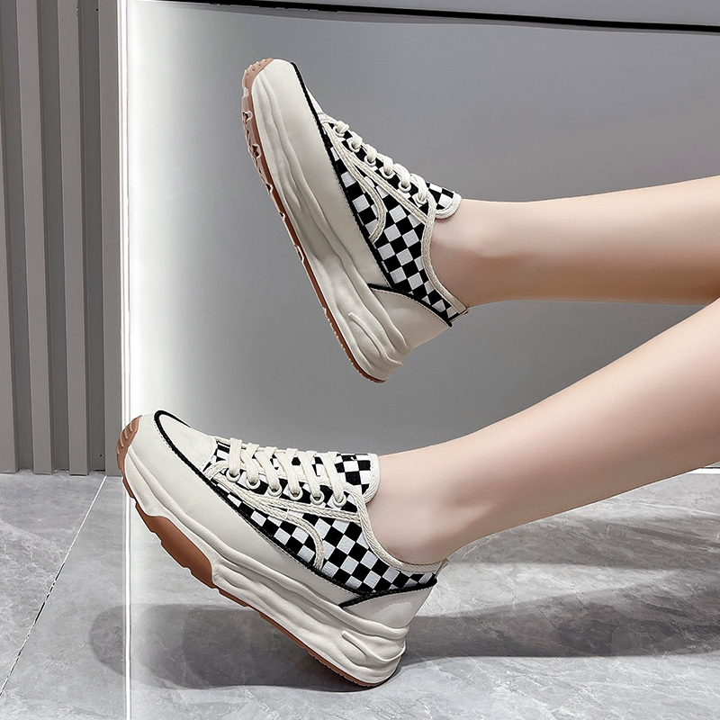 Sepatu Kets Sneakers Putih Wanita Perempuan Cewek Sekolah Korea Kasual Sepatu Olahraga Kanvas Checkerboard Sol Karet Tali Import Murah Casual Fashion White Beige Sport Shoes - Ukuran 35 36 37 38 39 40