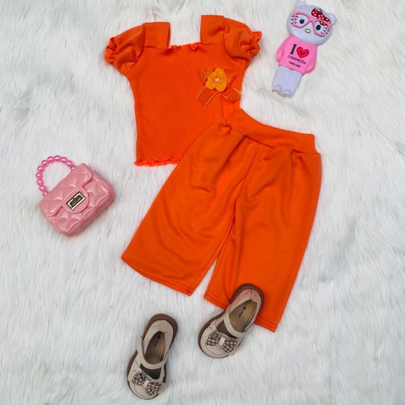 Baju Setelan Anak Cewe Blouse Crop Pita Lucu Ruffle Knit | One set anak Perempuan Bahan Rib knit Dan Celana Baby Terry Import