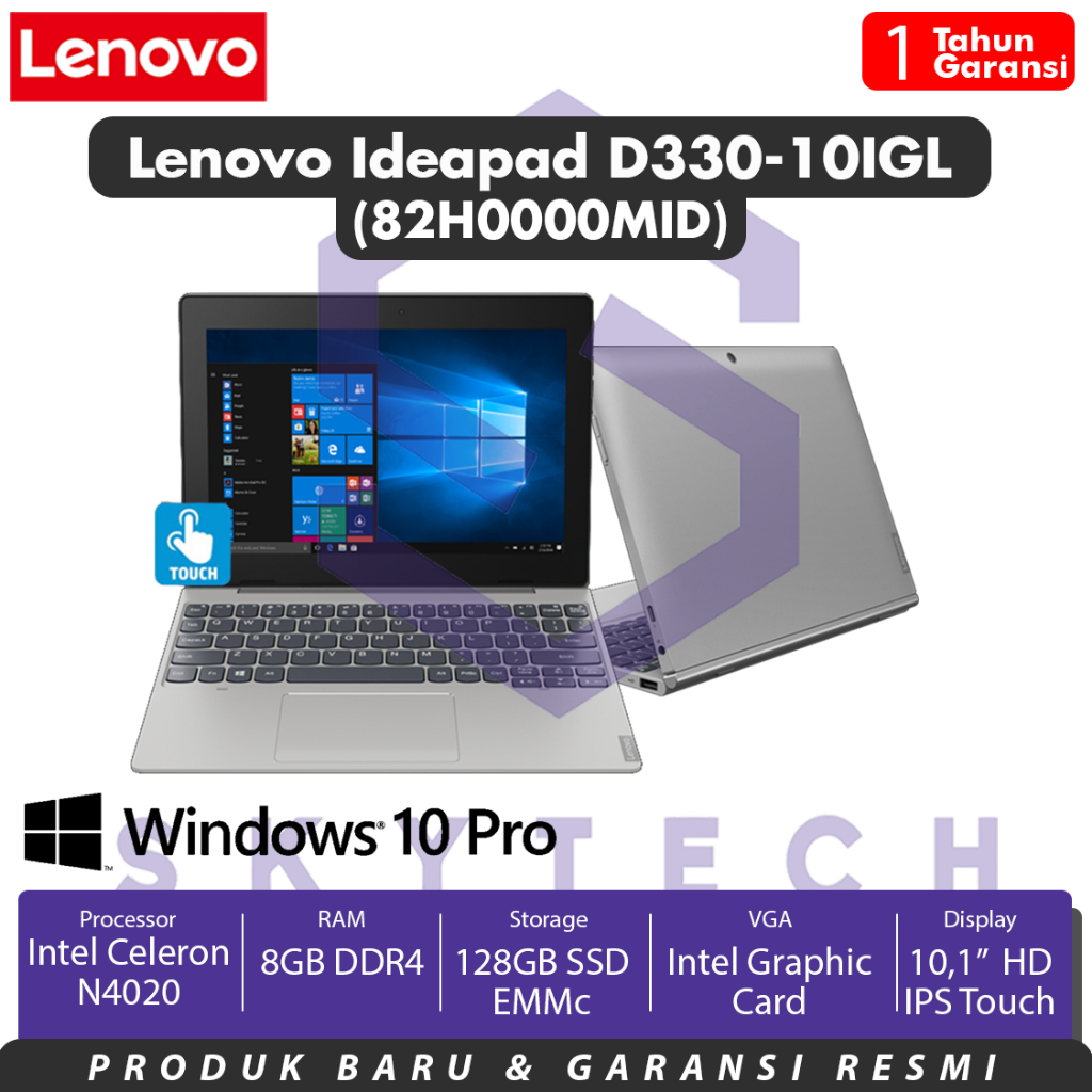 LAPTOP LENOVO IDEAPAD 3 10IGL/D330 N4020 8GB 128GB 82H0000MID FREE WINDOWS 10 PRO MINERAL GRAY