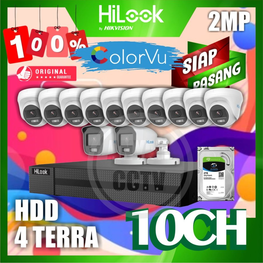 Paket CCTV HiLook 2MP COLORVU 10 KAMERA HDD 1TB SIAP PASANG