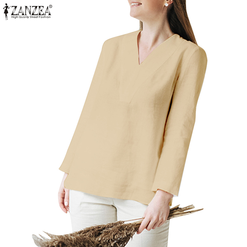 ZANZEA Women Daily Retro Simple V-Neck Full Sleeve Loose Casual Blouse