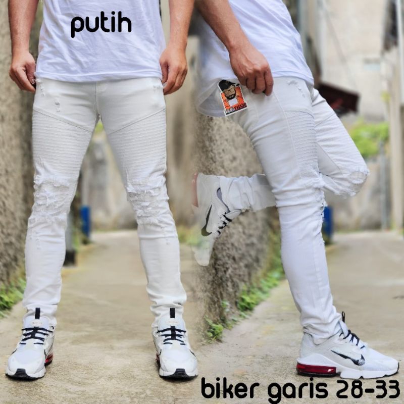 Celana jeans bikers robek putih pria - celana pria terlaris