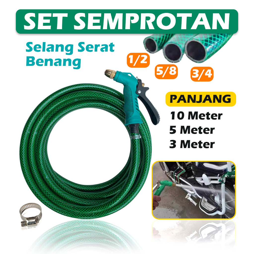 Paket Selang Serat Benang Anti Lumut Selang Benang Ukuran 1/2 - Selang Air Anti Tekuk FREE Kepala Semprotan Hose Nozzle + 2 Klem