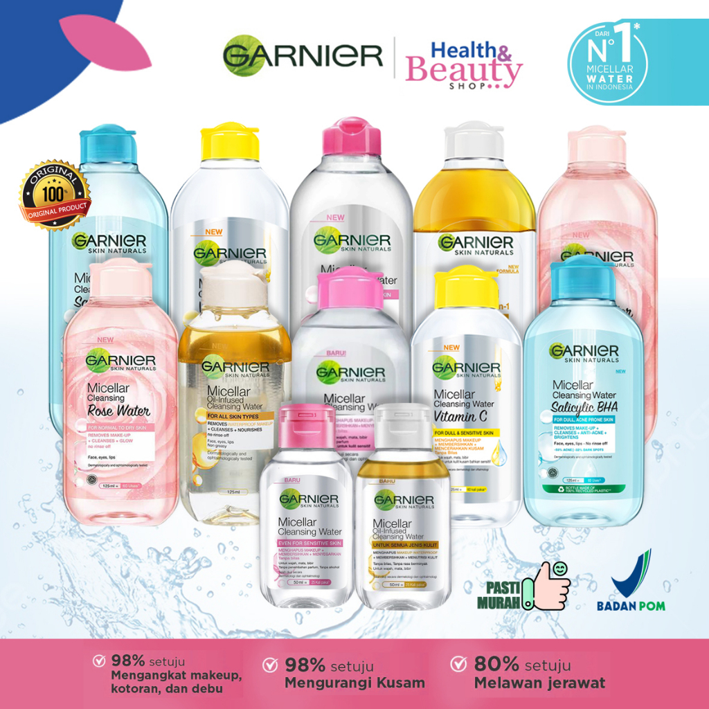 Garnier Micellar Cleansing Water Pink | Blue | Salicylic BHA | Biphase Oil | Vit C Yellow | Rose Water | 400 ml | 125 ml | 50 ml | Micellar Water Make up Remover