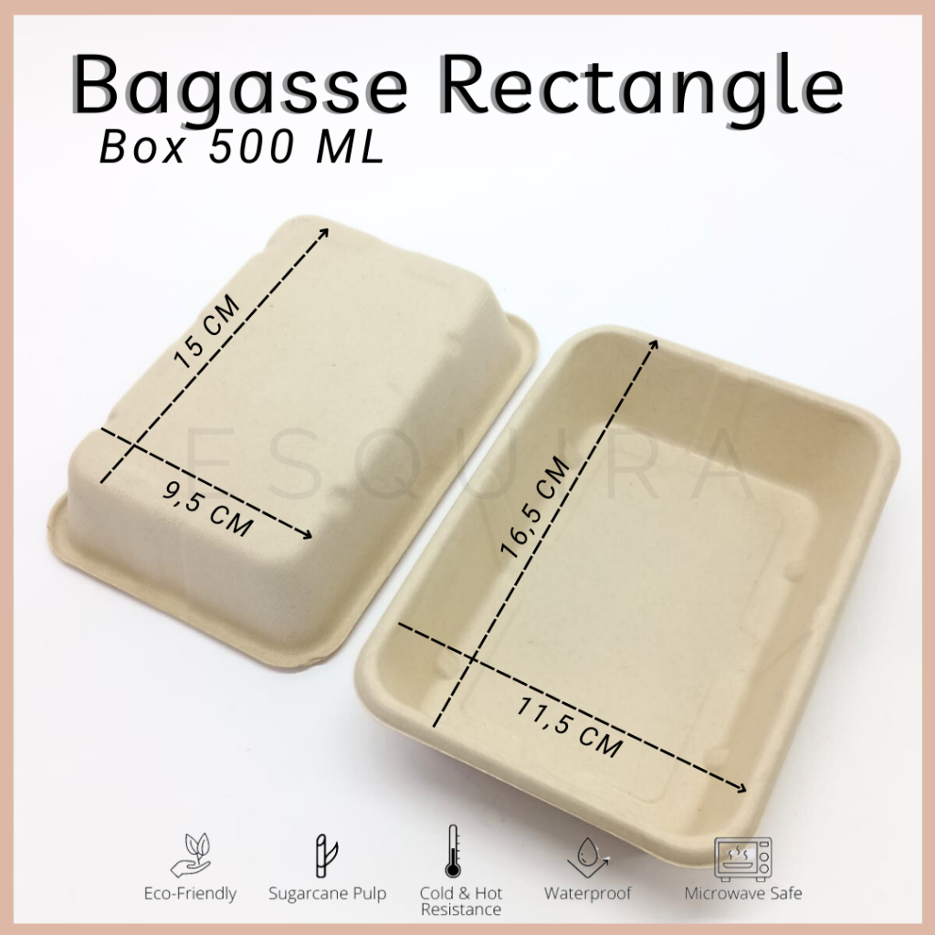 Bagasse Rectangle / Lunch Box 500 ML/Pulp Lid /Mika Lid /10 PCS/ C500,C500X