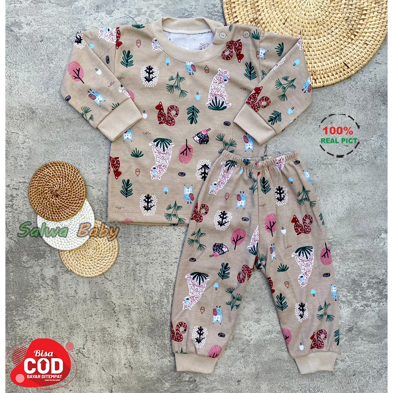 Setelan Baju Bayi Piyama Bayi Lengan Panjang Kancing Pundak Motif Printing Tupai Usia 3-12 Bulan Anababy