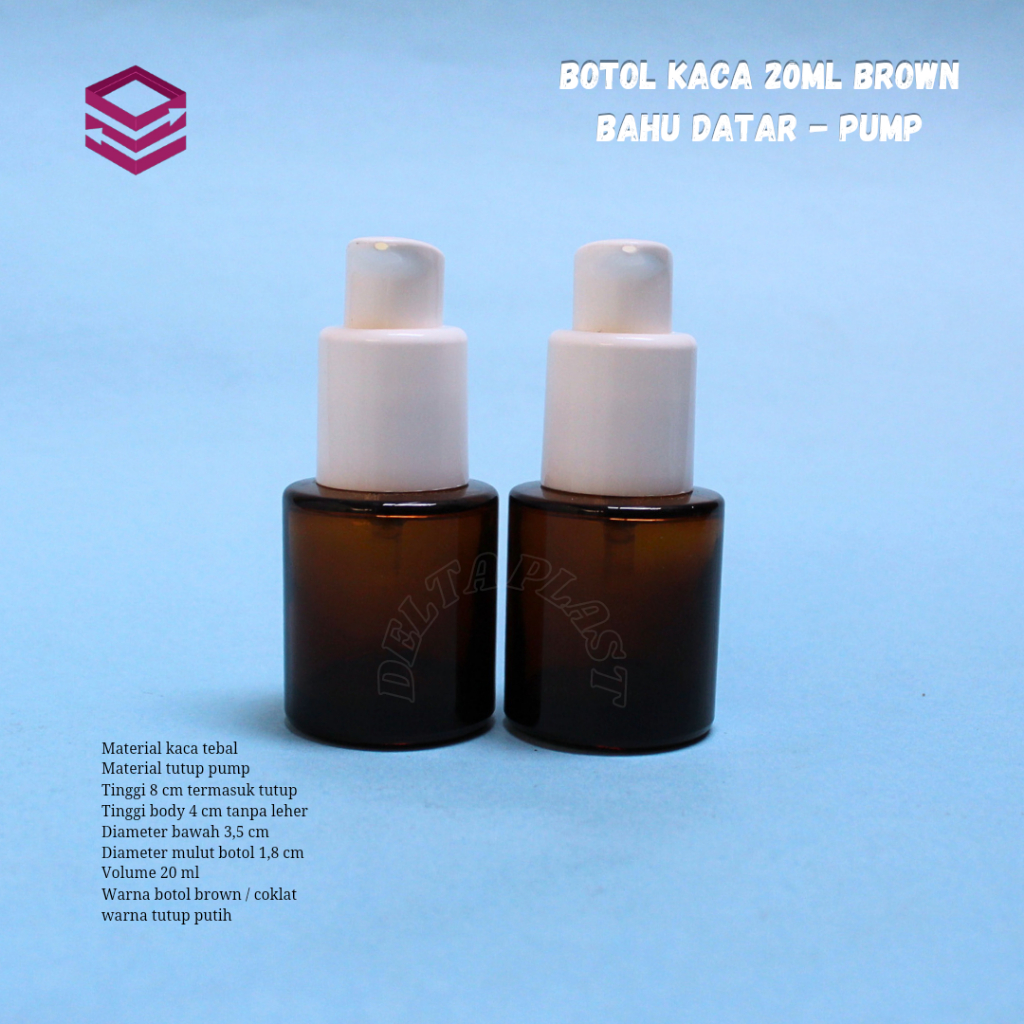 Botol treatment pump 20ml kaca amber / Botol serum 20ml bahu datar