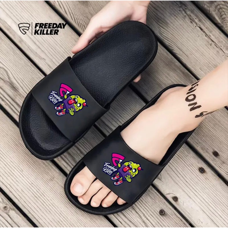 Sandal Pria Kekinian Freeday Killer Sandal Wanita Unisex Slide Hitam Motif Karakter Slide Terbaru Anti Jebol Upper Lock System Slip On