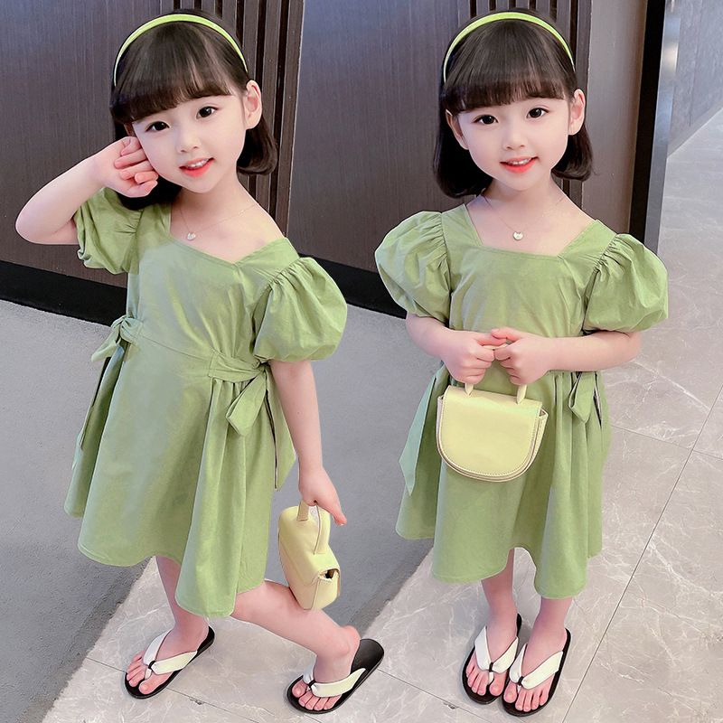 Dress Anak Perempuan Sage Green Motif Polos Pita Samping Tali Silang Belakang