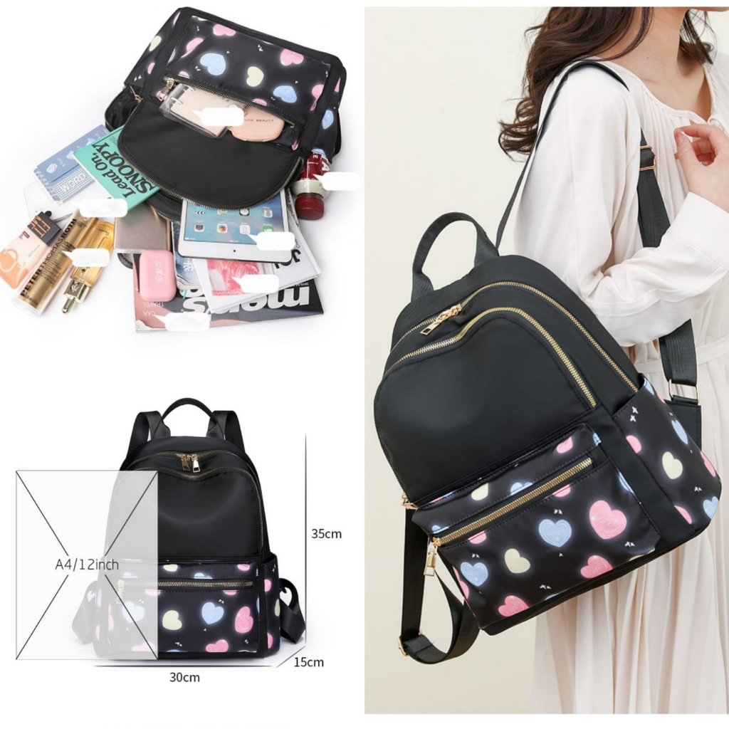 TAS RANSEL WANITA PREMIUM KOREA BACKPACK IMPORT PUNGGUNG GENDONG KEKINIAN BRANDED FASHION ANTI AIR HITAM MOTIF LOVE CEWEK SEKOLAH KULIAH KERJA REMAJA MURAH BERYLUNE TA815B5