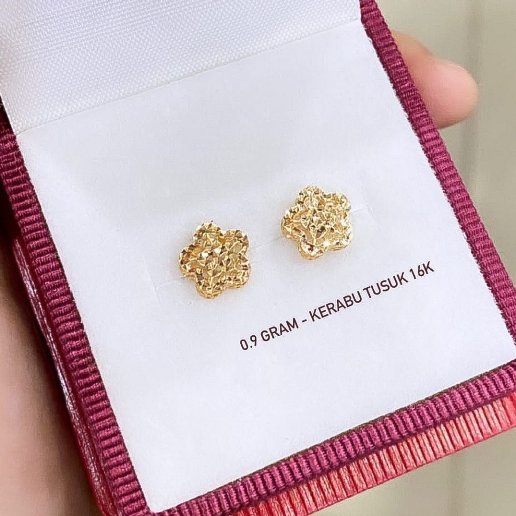 Anting anak dan dewasa emas asli kadar 70 16k bunga clover lucky paku cucuk tusuk duduk kerabu