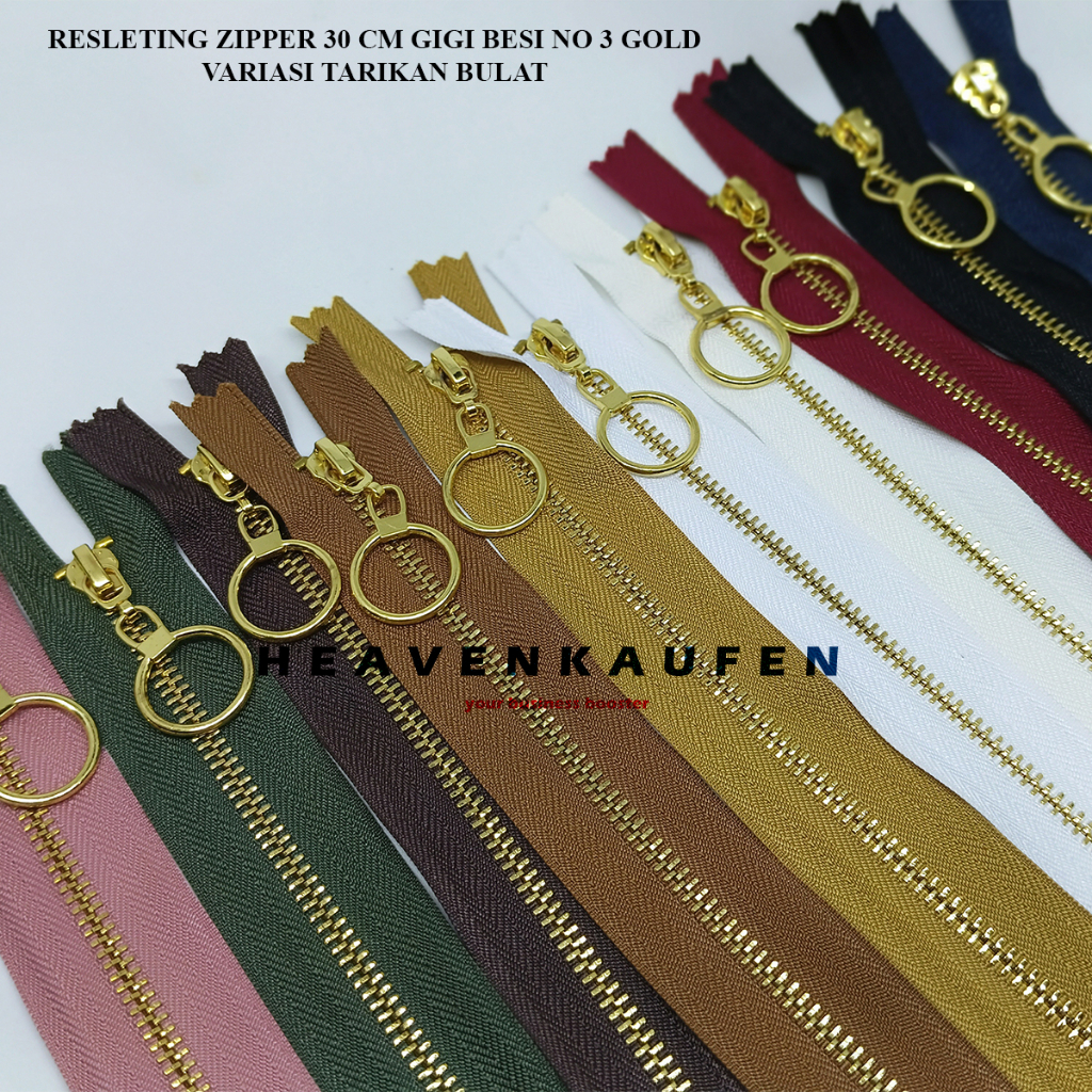 Resleting Zipper Ritsleting 30 cm Type Gigi Besi No 3 Gold Emas Variasi Tarikan Bulat