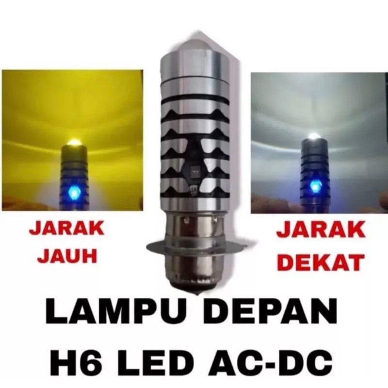 LAMPU LED DEPAN MOTOR H6 LS2 LASER HI LOW MODEL LUMINOS AC DC DOUBLE COLOR WHITE YELLOW + LAMPU SENJA BIRU kode 4841