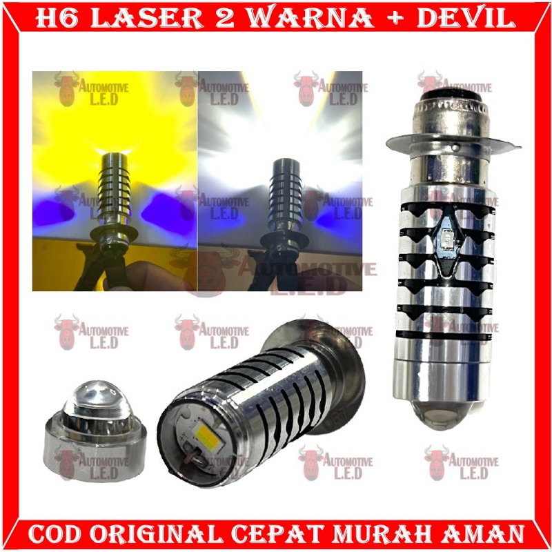 LAMPU LED DEPAN MOTOR H6 LS2 LASER HI LOW MODEL LUMINOS AC DC DOUBLE COLOR WHITE YELLOW + LAMPU SENJA BIRU kode 4841