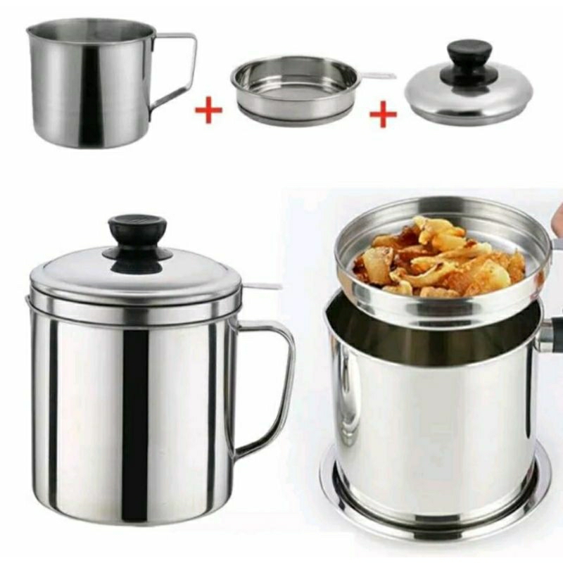 Wadah Saringan Minyak 1.2 Liter Stainless stell Oil Pot Anti Karat Gelas Mug Penyaring Ampas Minyak