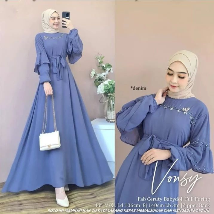 Baju muslim wanita Namira / Vonsy dress / Gamis ceruty polos Mix payet maryam Size M L&amp; XL