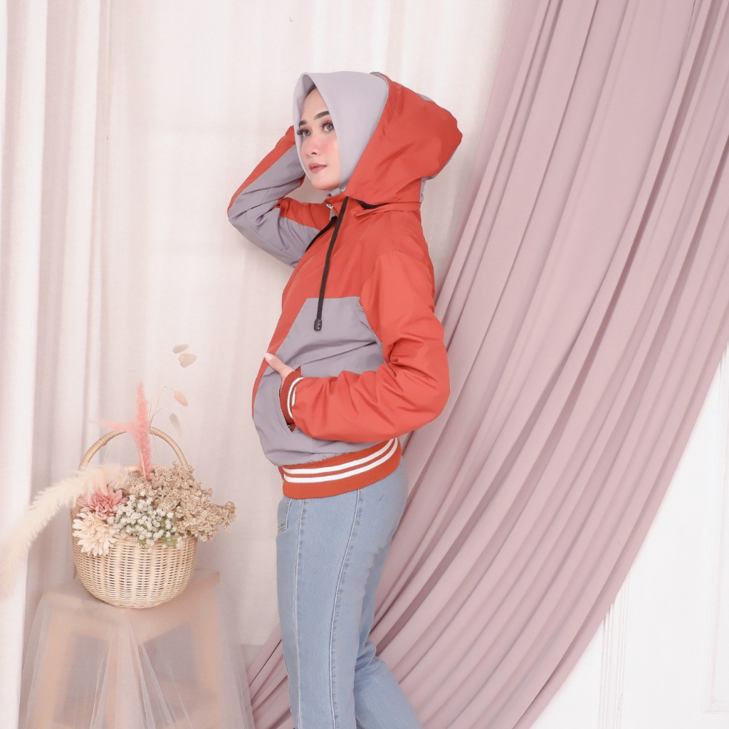 Justrue Jaket Hoodie Wanita Bolak Balik Kekinian Orange