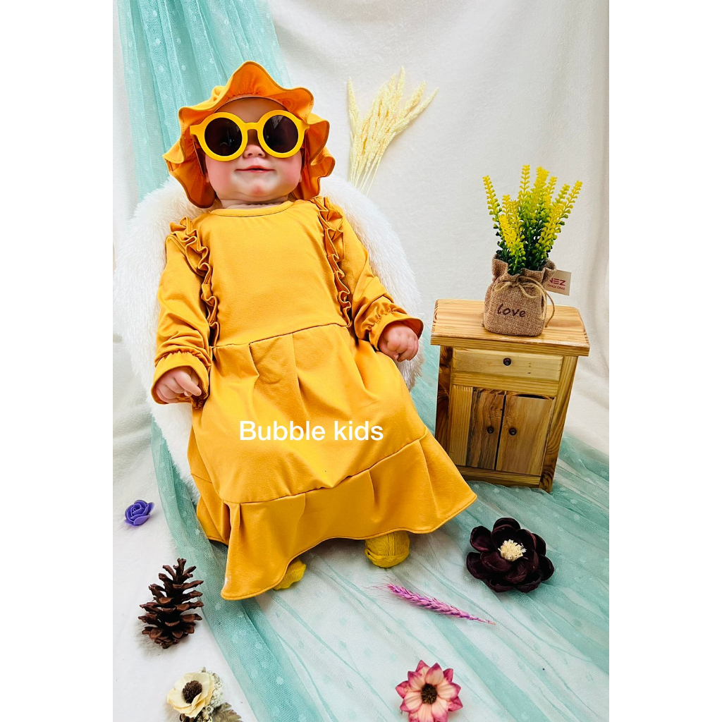 Gamis Sabrina Free Ciput Bayi Anak Balita Fashion Muslim Katun Polos 0-4 Tahun mustard