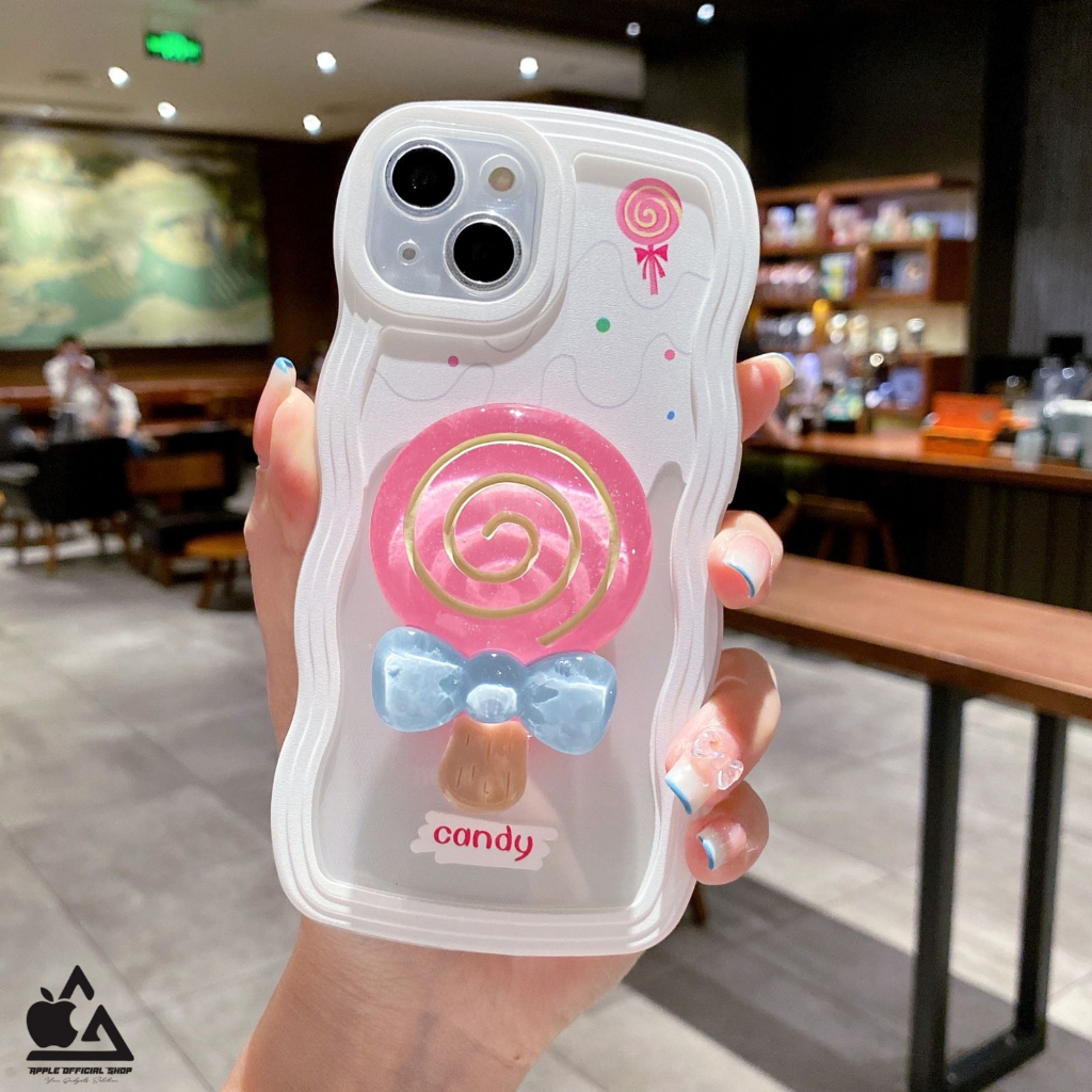 Softcase Lucu 3D Pop Socket Lollipop iPhone 14 Pro Max Plus 14+ 13 Pro Max Korean Pop Soket Popsoket Standing Soft Case Casing Camera Protector Protection Pelindung Kamera Silikon Silicone Jelly Hardcase