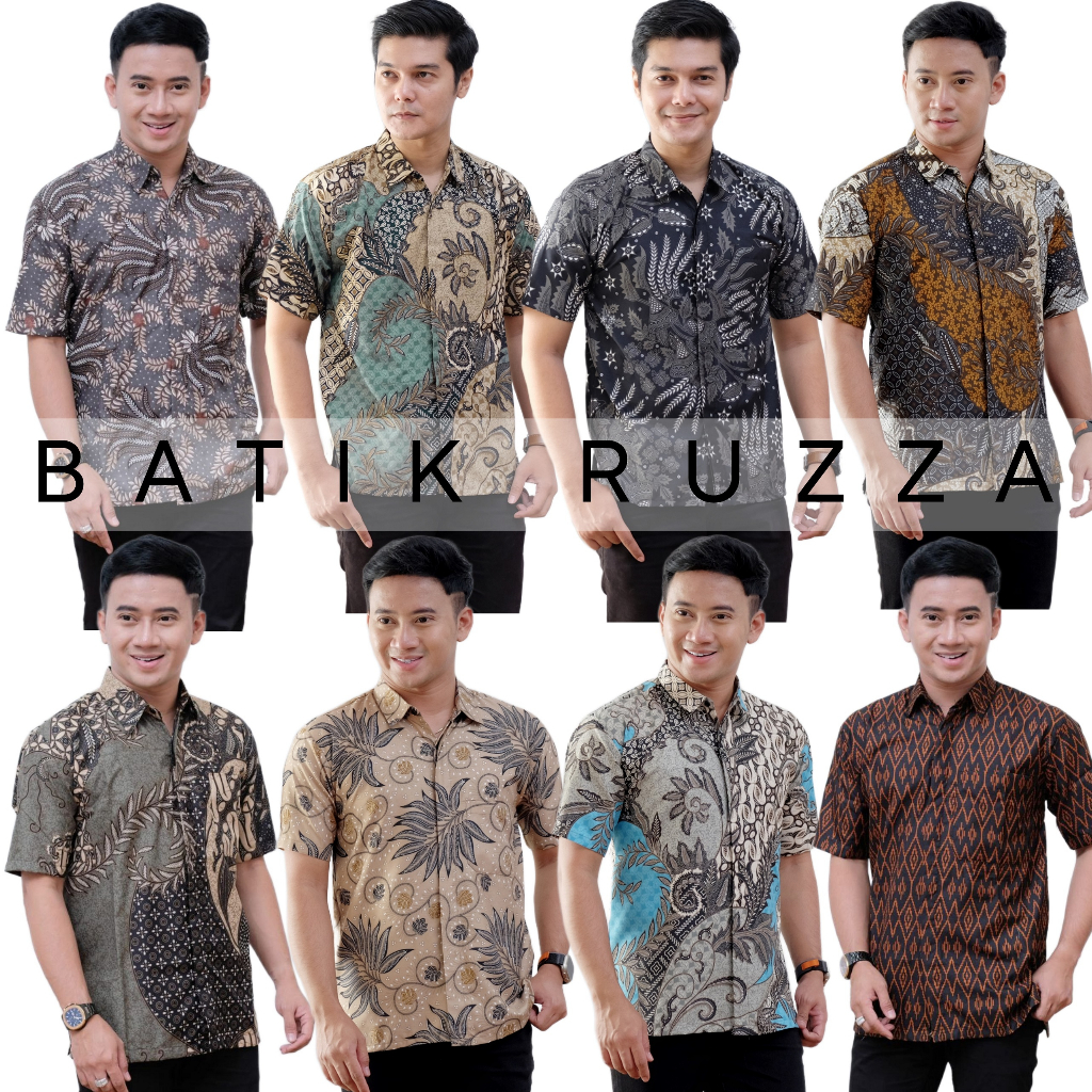 Kemeja Batik Pria Lengan Pendek Motif Modern Abu Sage Hitam Coklat Cowok Laki Dewasa Size M L XL XXL RUZZA