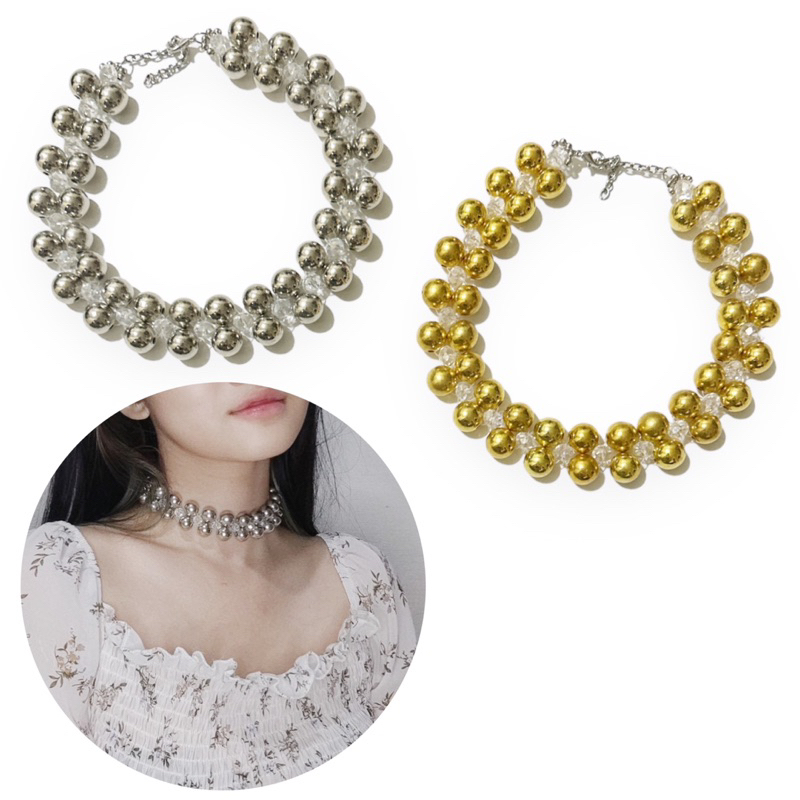 Madison Crystal Metalic Beads Choker Necklace Kalung Mutiara Anyam