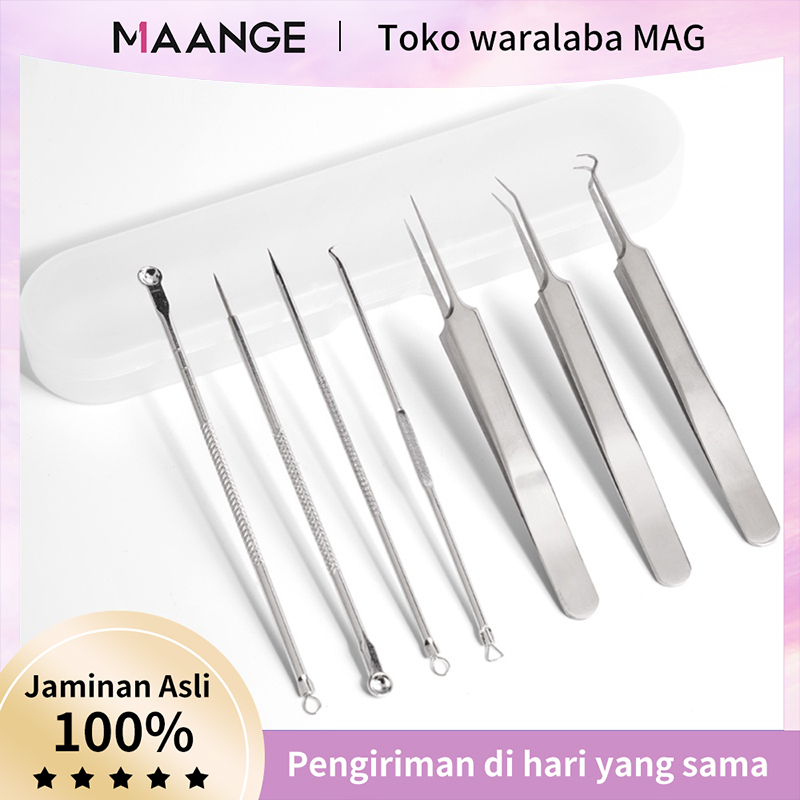 MAANGE 7Pcs/Set Alat Cabut Komedo Jerawat Pori Jerawat Pinset Komedo Stainlees Steel Dengan Kotak Al