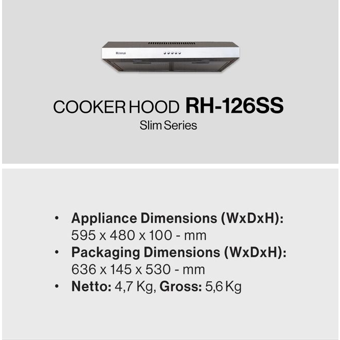 Rinnai Cooker Hood Slim 60 Cm Penghisap Asap Kompor RH-126SS RH126SS Stainless