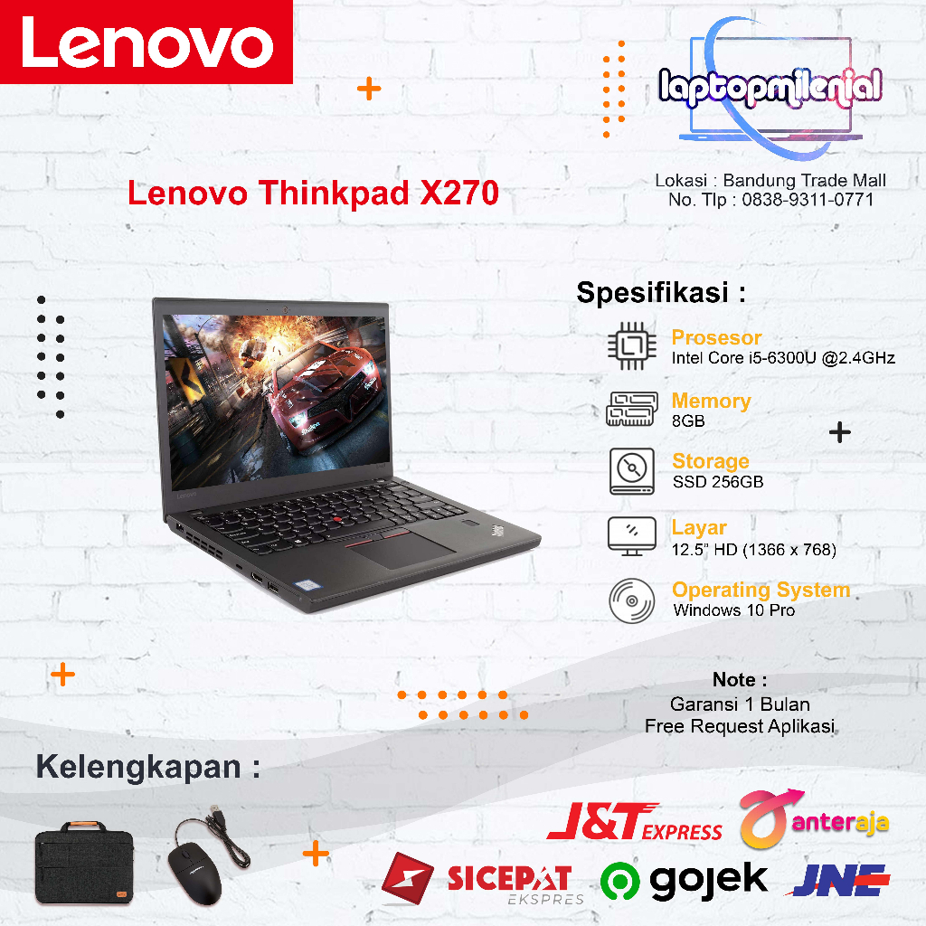 Laptop Core i5 Lenovo Thinkpad X270 Ram 8GB SSD 256GB  Second Mulus Win 10 Siap Pakai