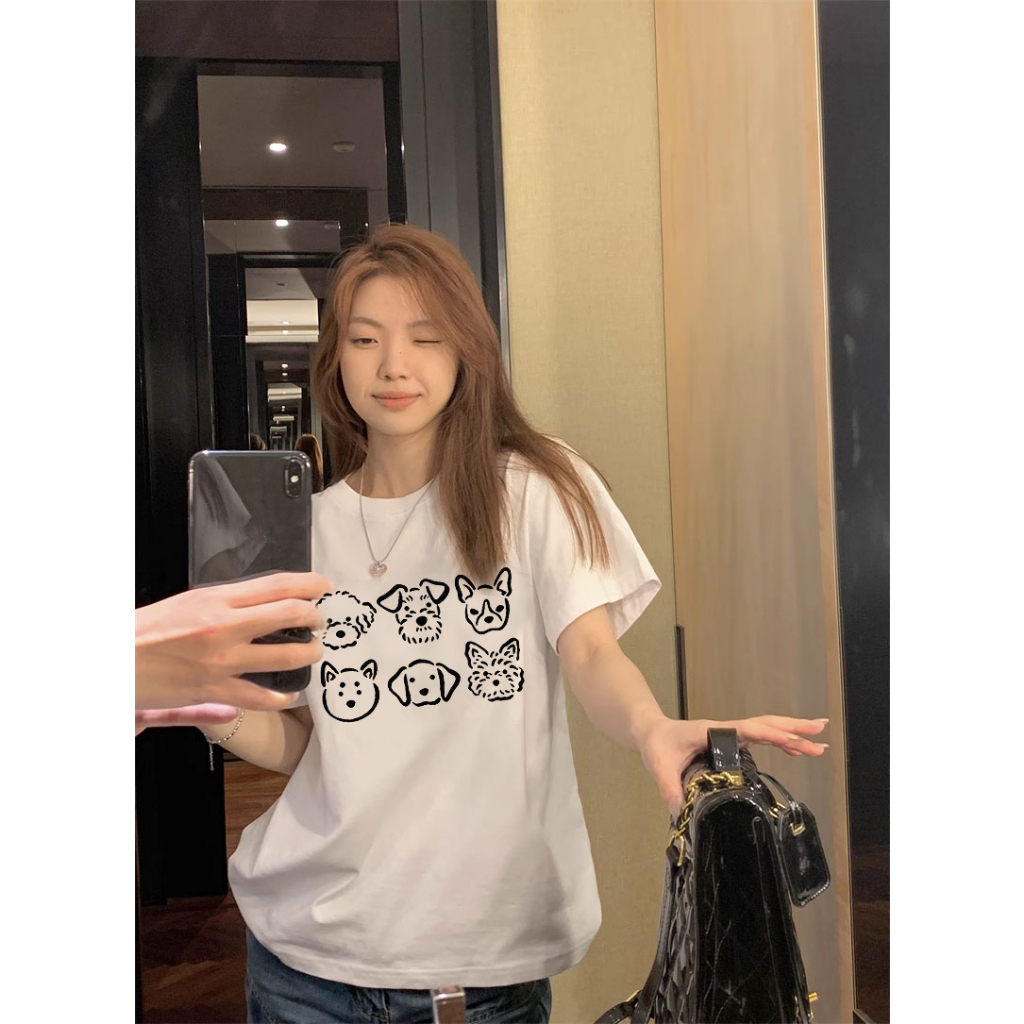 EUNII T-shirt Lengan Pendek Cartoon Hitam Dog Printing Korean Style/Kaos Atasan Wanita/Baju Kaus Oversize Wanita/Kaos Wanita