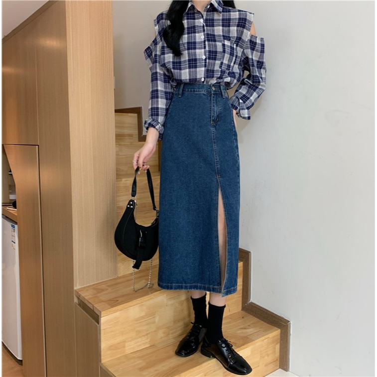 ✅COD Rok denim split gaya Korea rok a-line wanita berpinggang tinggi sedang untuk menutupi rok pinggul selangkangan