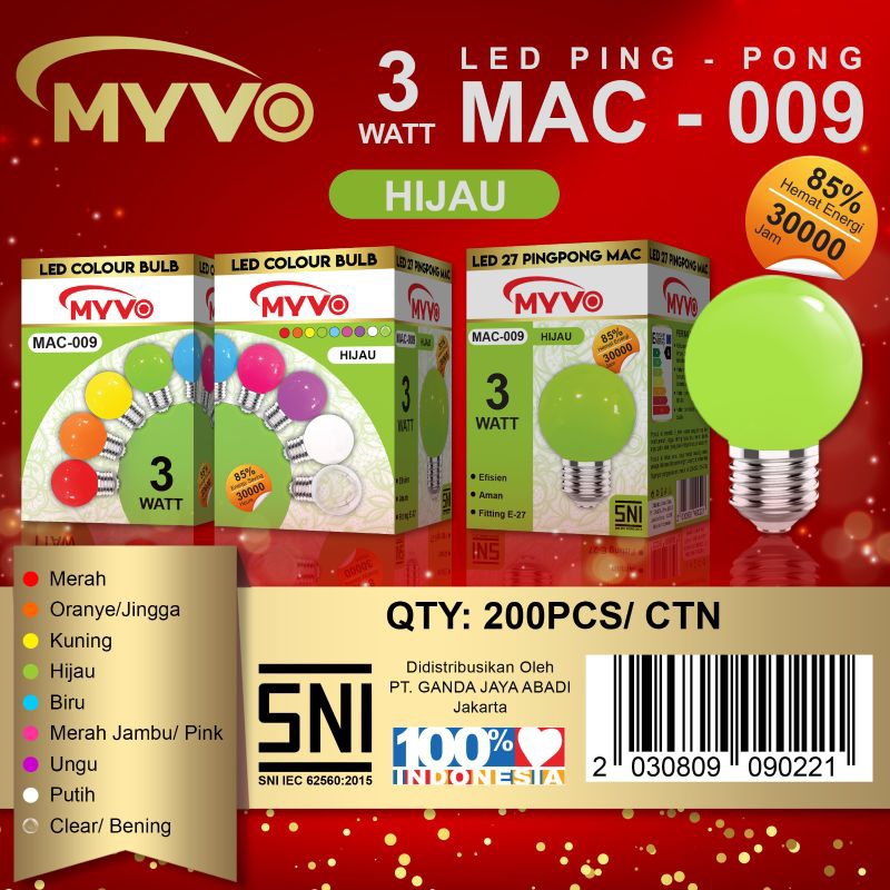 LAMPU LED WARNA WARNI PING PONG MERK MYVO 3 WATT/ LAMPU HIAS PING PONG BAGUS BERKUALITAS