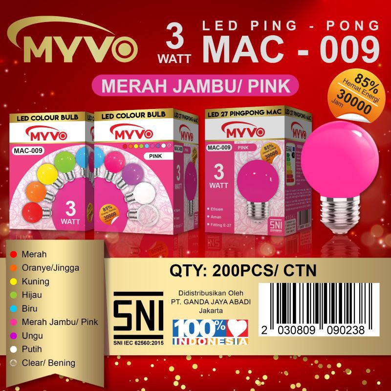 LAMPU LED WARNA WARNI PING PONG MERK MYVO 3 WATT/ LAMPU HIAS PING PONG BAGUS BERKUALITAS