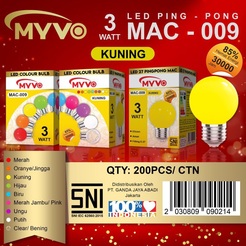 LAMPU LED WARNA WARNI PING PONG MERK MYVO 3 WATT/ LAMPU HIAS PING PONG BAGUS BERKUALITAS