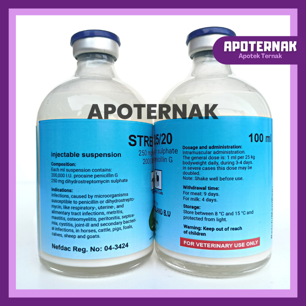 STREPTOPEN 25/20 (Penisillin/Strepromisin) 100 ml | Obat Infeksi Pencernaan Pernapasan &amp; Reproduksi Untuk Hewan