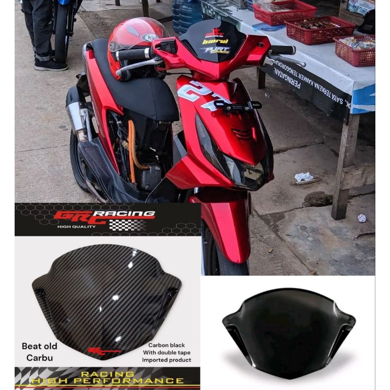 Visor honda beat fi lama 2013 sampai 2015 model beat karbu pnp beat new esp bahan akrilik warna hitam kilap &amp; carbon celup wtp free dobel tape lem 3m