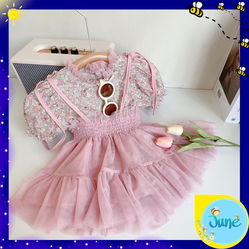 JUNECOLLECTIONS DRESS ANAK 2 in 1 MOTIF BUNGA DRESS KOREA DRESS ANAK PEREMPUAN DRESS CANTIK DRESS ANAK MURAH #662