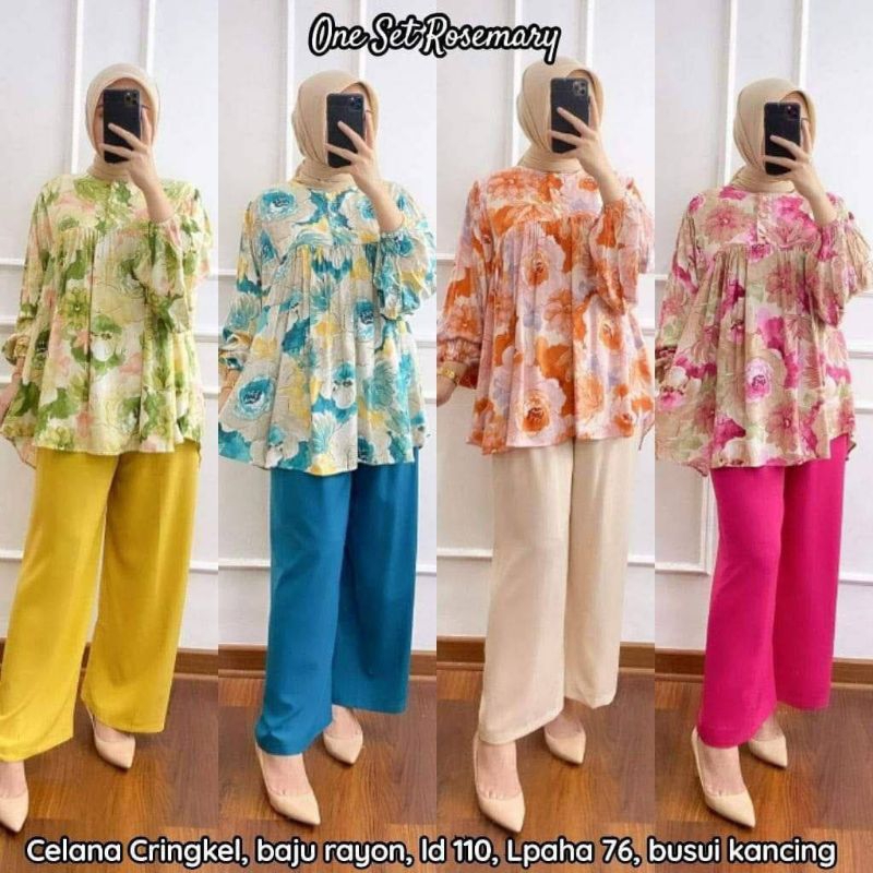 One Set Rosemary Setelan Wanita Motif Bunga Rempel Kancing Depan Busui