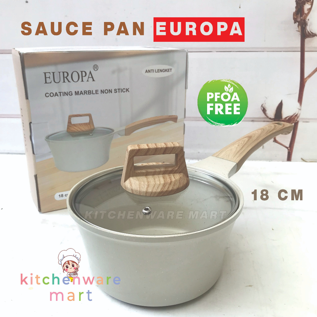 Sauce pan europa Keramik ceramic coating PFOA FREE EUROPA Sauce Marble 18 Cm Panci Susu Anti Lengket + Tutup Kaca - Cream saucepan panci susu keramik