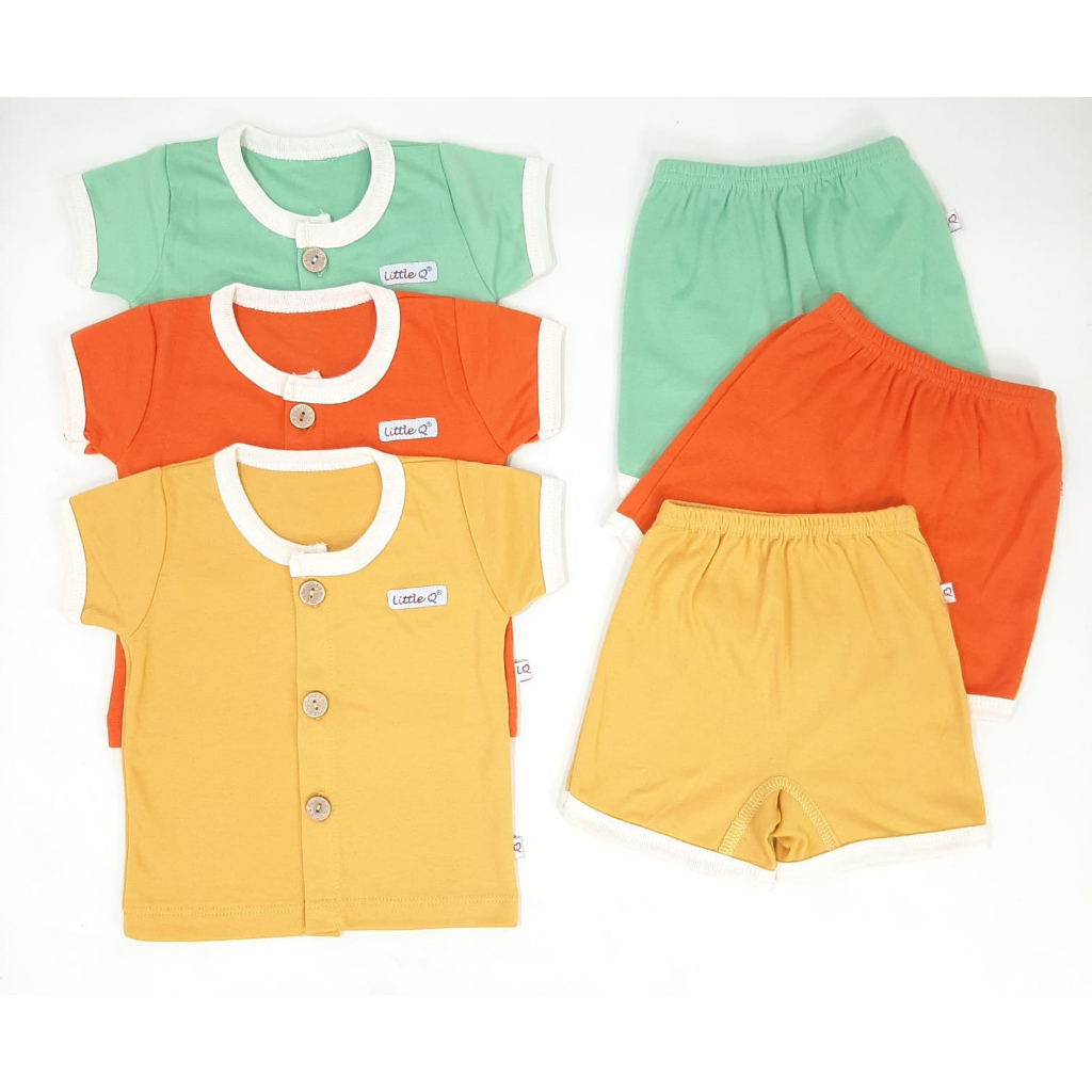 [Size SML] Little Q Setelan Polos Plain Set Pendek Kancing Tengah Celana Pendek Isi 3pcs