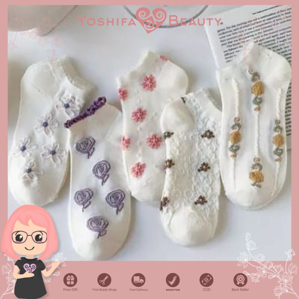 Kaos Kaki Wanita Pendek Putih Bertekstur  Motif Bunga Kecil Cute