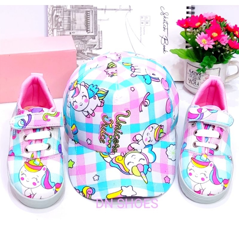 Paket Sneakers Anak Cewe Sepatu Sport Anak Perempuan Topi Anak Cewek Lucu Murah Karakter Unicorn Tosca Juice 1 - 7 tahun