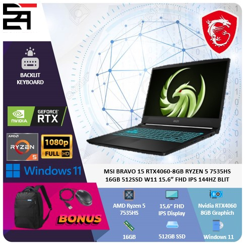 MSI Bravo 15 RTX4060-8GB Ryzen 5 7535HS 16GB 512GB SSD W11 15.6 Inchi FHD IPS 144Hz Blit