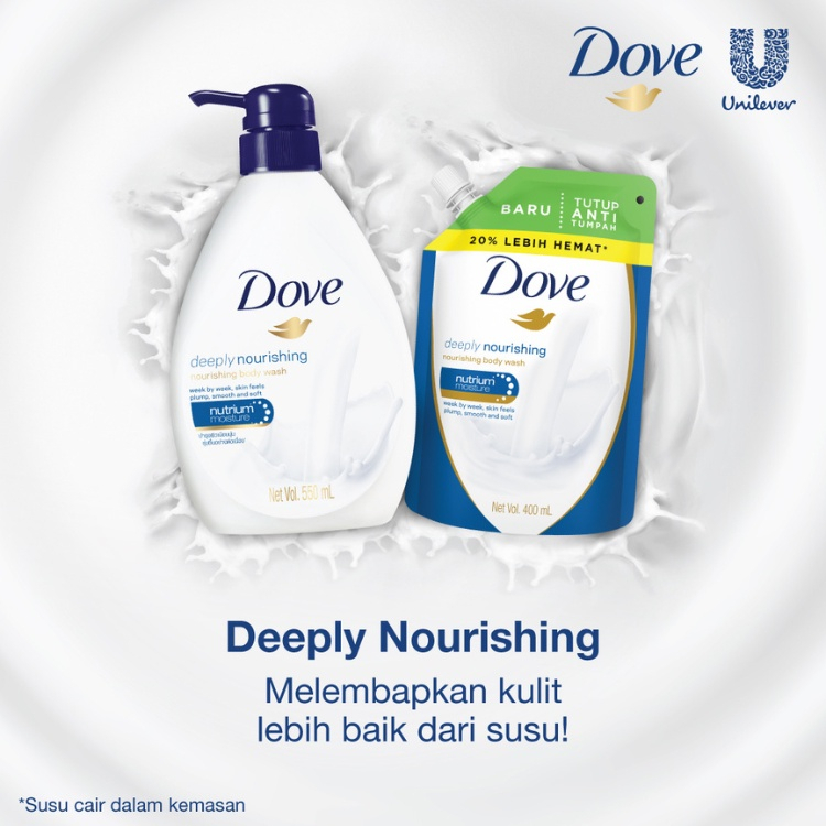 DOVE BODY WASH DEEPLY NOURISHING [ 400 ML ] SABUN MANDI CAIR ISI ULANG REFILL TUTUP ANTI TUMPAH NUTRIUM MOISTURE KULIT LEMBUT SKIN FEELS PLUMP SMOOTH AND SOFT