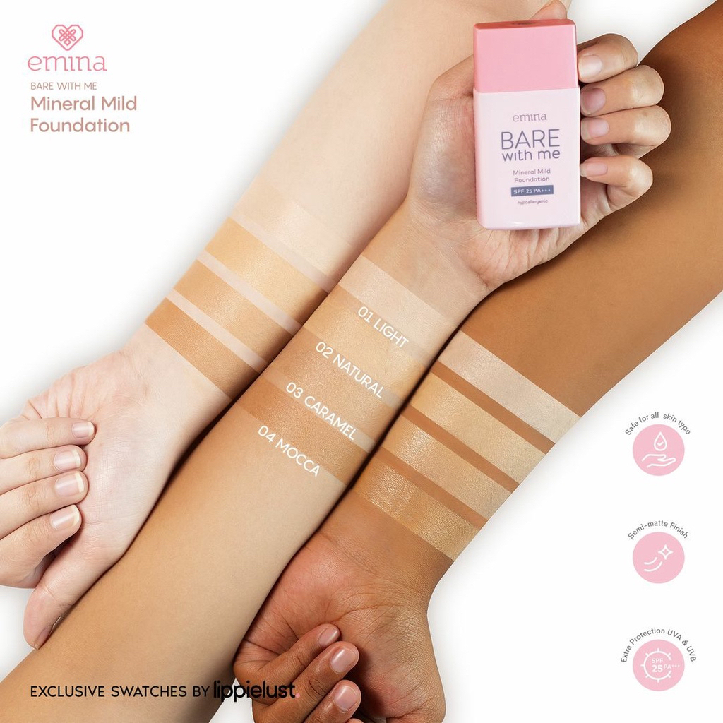 EMINA Bare With Me Mineral Mild Foundation Indonesia / 30ml / SPF 25 PA+++ Hypoallergenic / Safe For All Skin Type / Semi Matte Finish UVA UVB Protection / Shade 01 Light 02 Natural 03 Caramel 04 Mocca / Cosmetic Face Makeup Series / Loose Compact Powder