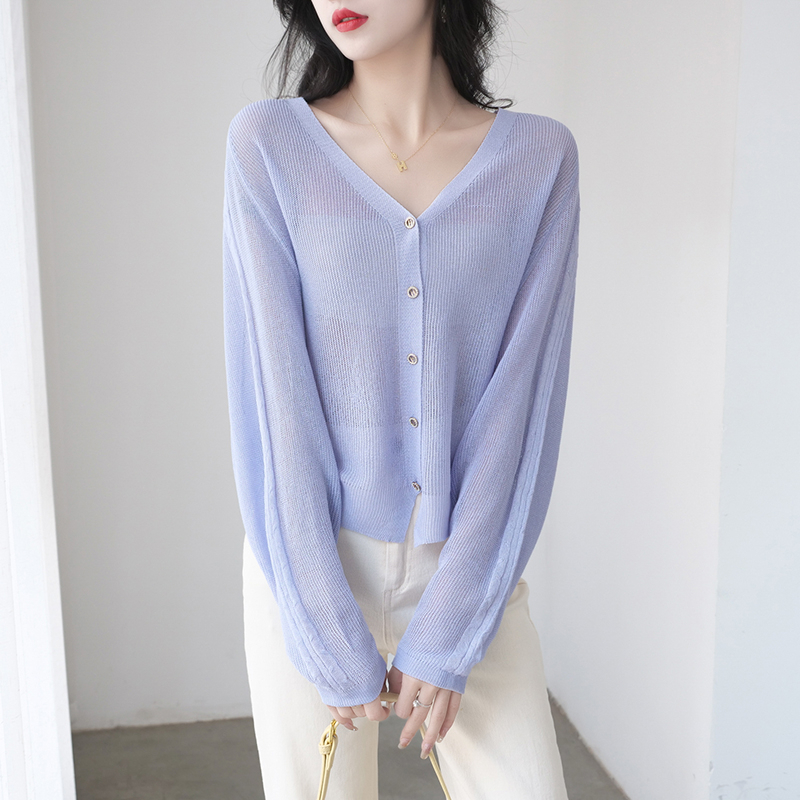 【Elegant】See Through V-neck Button Long Sleeved Cardigan 2097