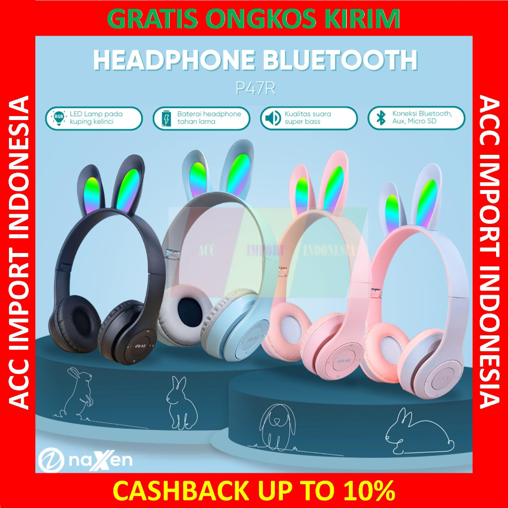 Headphone Bluetooth Headset Cat Ear Pink Lucu Anak Kelinci LED Mic