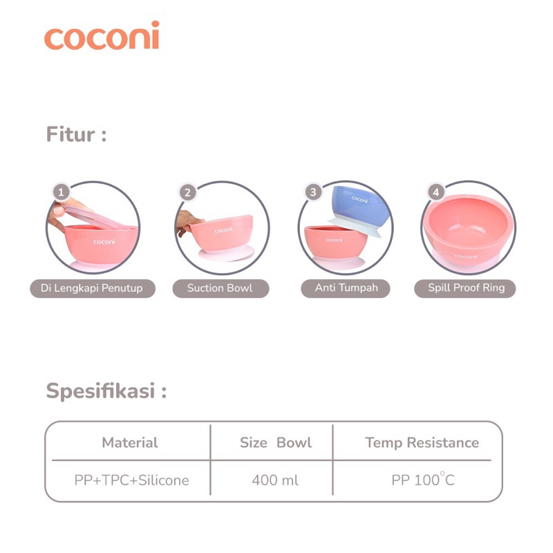 Coconi Suction Bowl 400ml Mangkok Bayi Anti Tumpah Mangkok Anak dengan Tutup